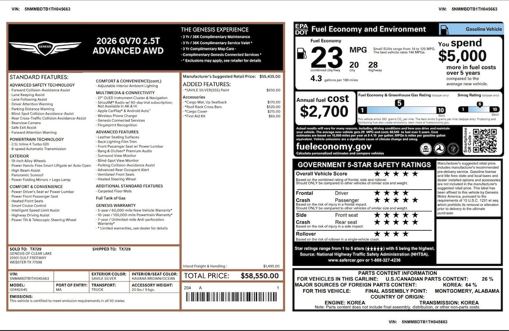 Certified 2026 Genesis GV70 2.5T Advanced 2.5T Advanced AWD