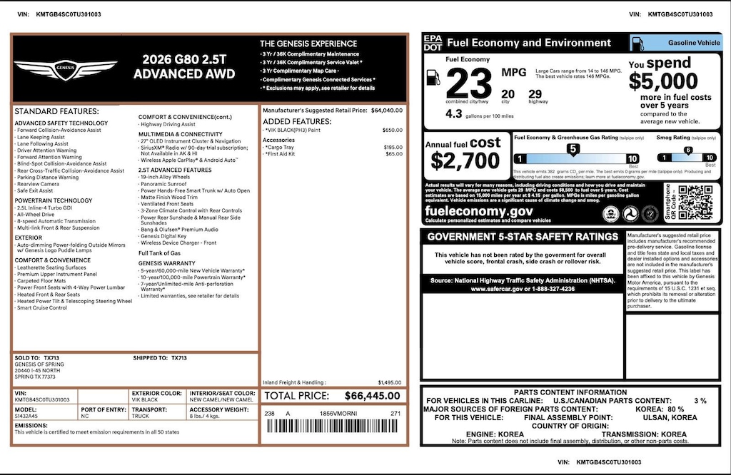 Certified 2026 Genesis G80 2.5T Advanced 2.5T Advanced AWD