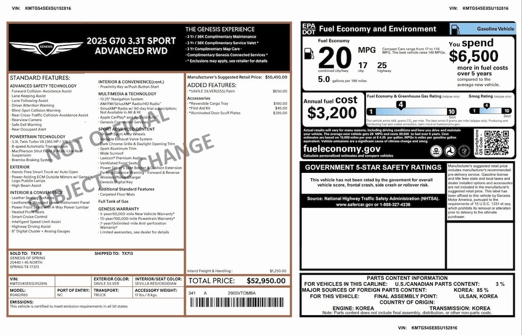 Certified 2025 Genesis G70 3.3T Sport Advanced 3.3T Sport Advanced RWD