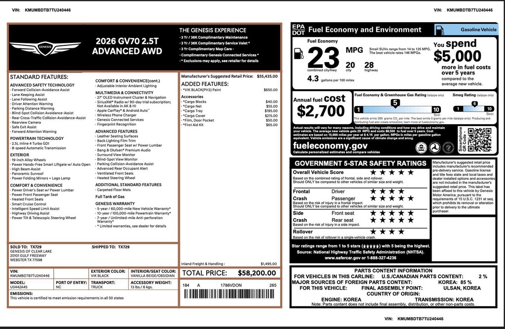 Certified 2026 Genesis GV70 2.5T Advanced 2.5T Advanced AWD
