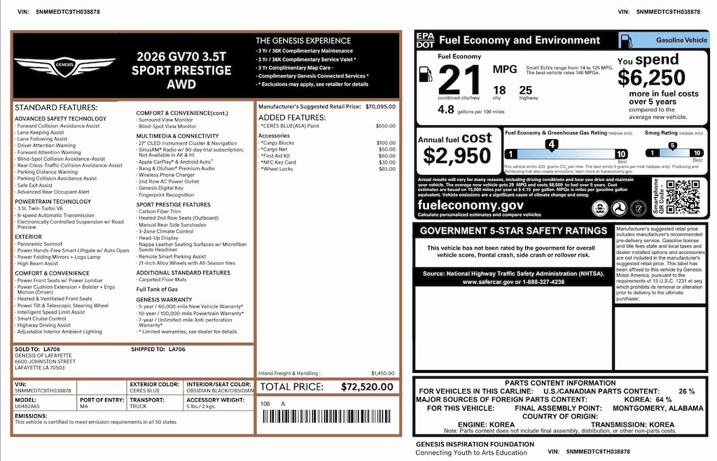 Certified 2026 Genesis GV70 3.5T Sport Prestige 3.5T Sport Prestige AWD