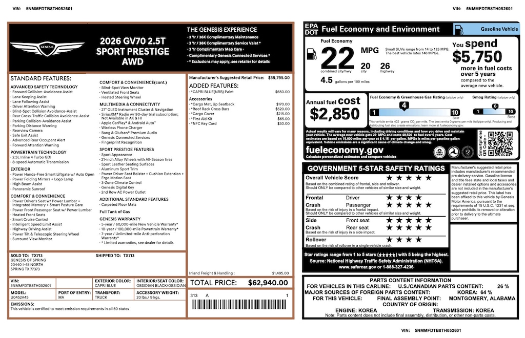 Certified 2026 Genesis GV70 2.5T Sport Prestige 2.5T Sport Prestige AWD