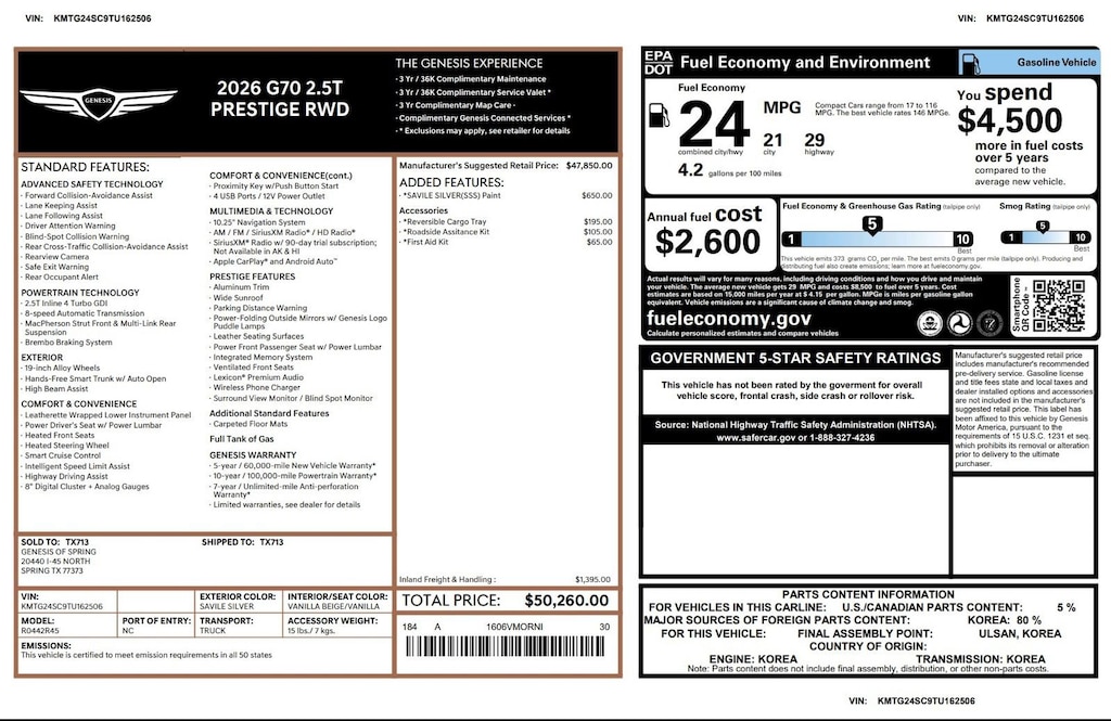 Certified 2026 Genesis G70 2.5T Prestige 2.5T Prestige RWD