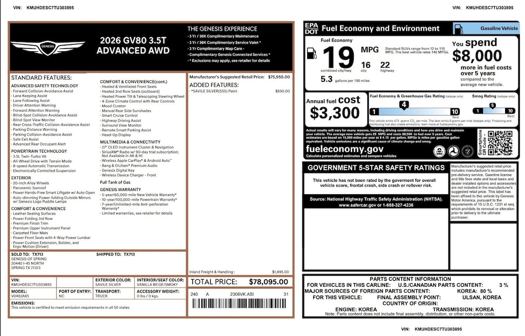 Used 2026 Genesis GV80 For Sale in Spring TX | VIN: KMUHDESC7TU303895