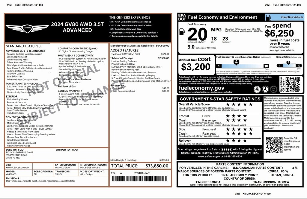 Certified 2024 Genesis GV80 3.5T 3.5T AWD
