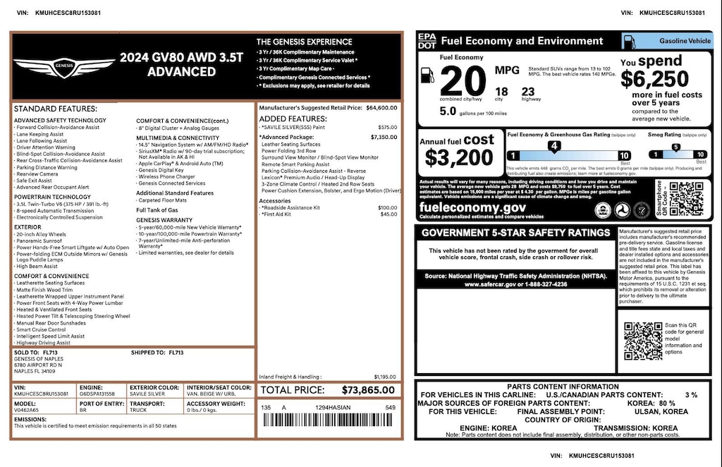 Certified 2024 Genesis GV80 3.5T ADVANCED 3.5T AWD 7P