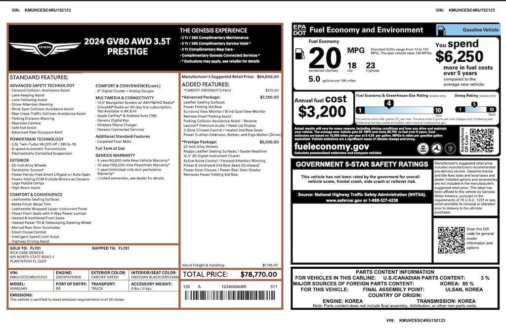 Certified 2024 Genesis GV80 3.5T Prestige 3.5T AWD