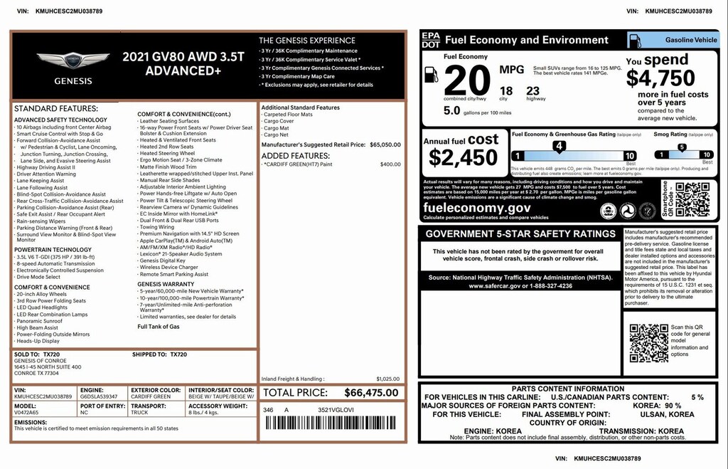 Certified 2021 Genesis GV80 Advanced + 3.5T Advanced + AWD