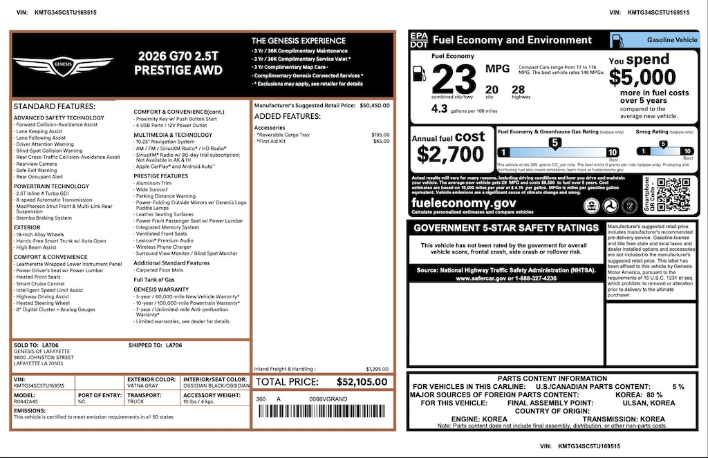 Certified 2026 Genesis G70 2.5T Prestige 2.5T Prestige AWD