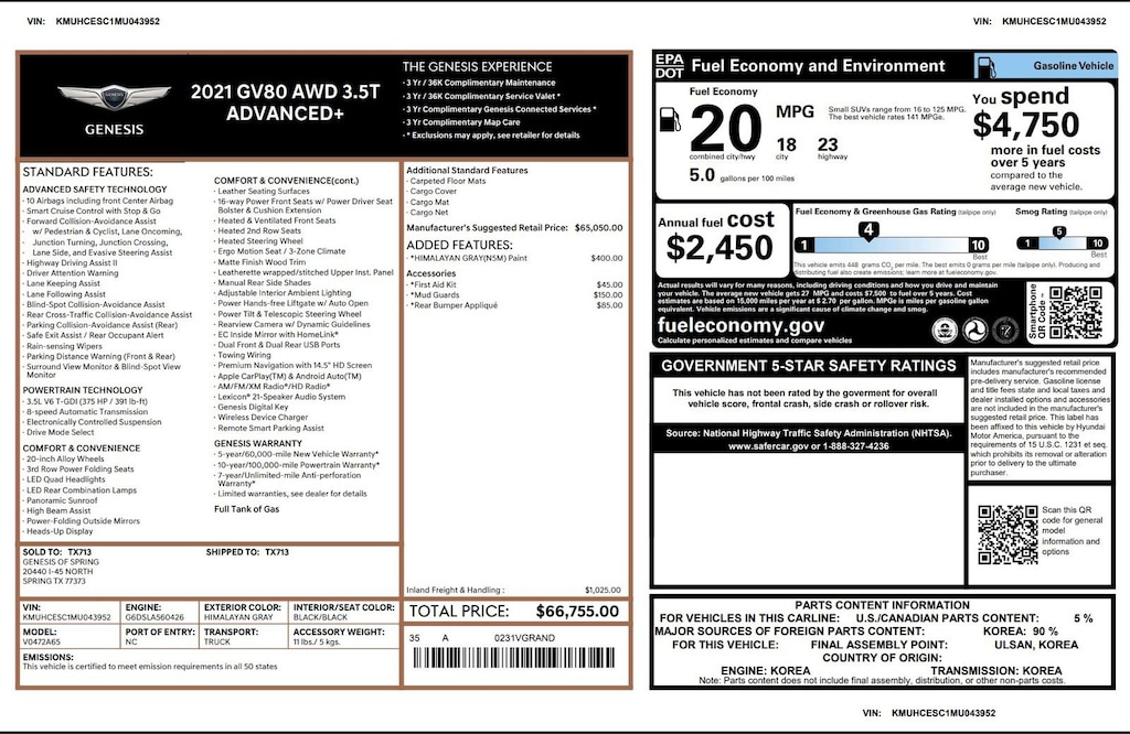 Used 2021 Genesis GV80 Advanced + 3.5T Advanced + AWD