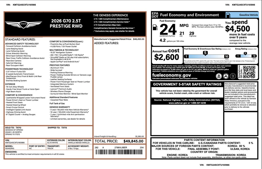 Certified 2026 Genesis G70 2.5T Prestige 2.5T Prestige RWD