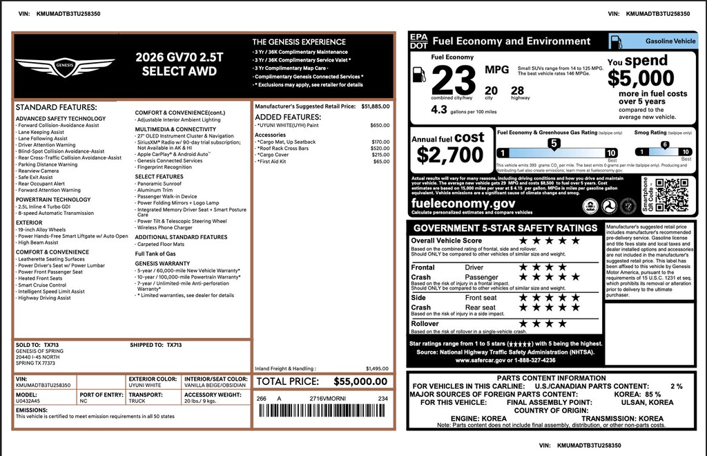 Certified 2026 Genesis GV70 2.5T Select 2.5T Select AWD