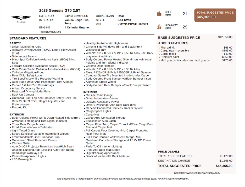 Certified 2026 Genesis G70 2.5T 2.5T RWD