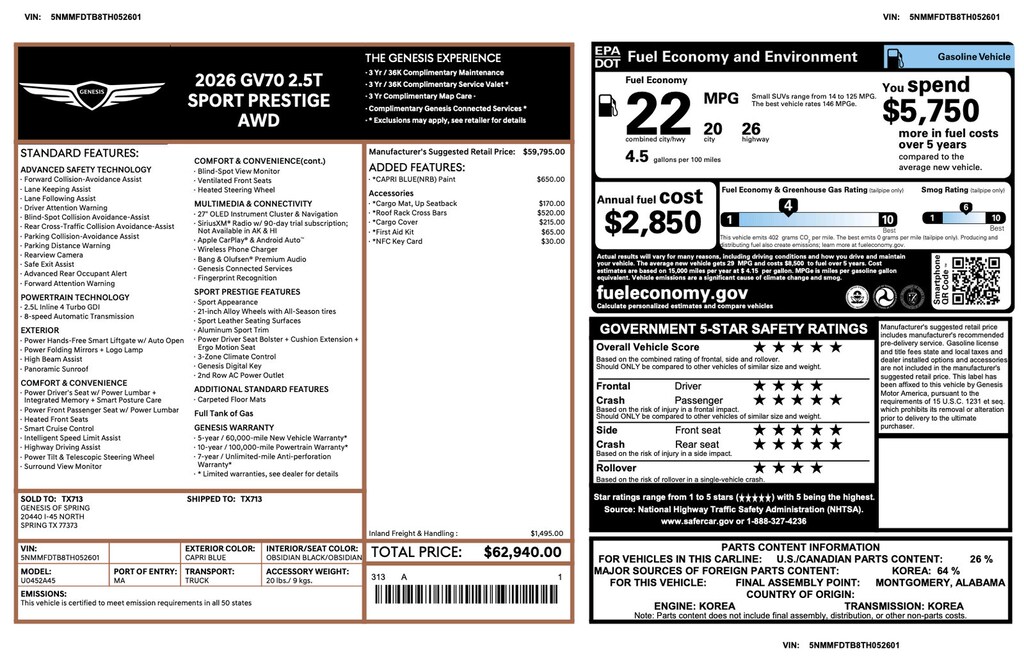 Certified 2026 Genesis GV70 2.5T Sport Prestige 2.5T Sport Prestige AWD