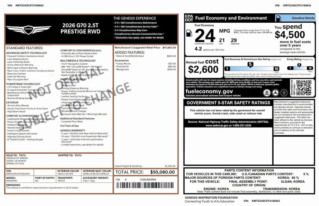 Certified 2026 Genesis G70 2.5T Prestige 2.5T Prestige RWD