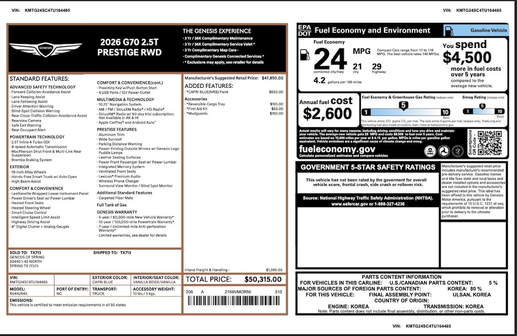 Certified 2026 Genesis G70 2.5T Prestige 2.5T Prestige RWD