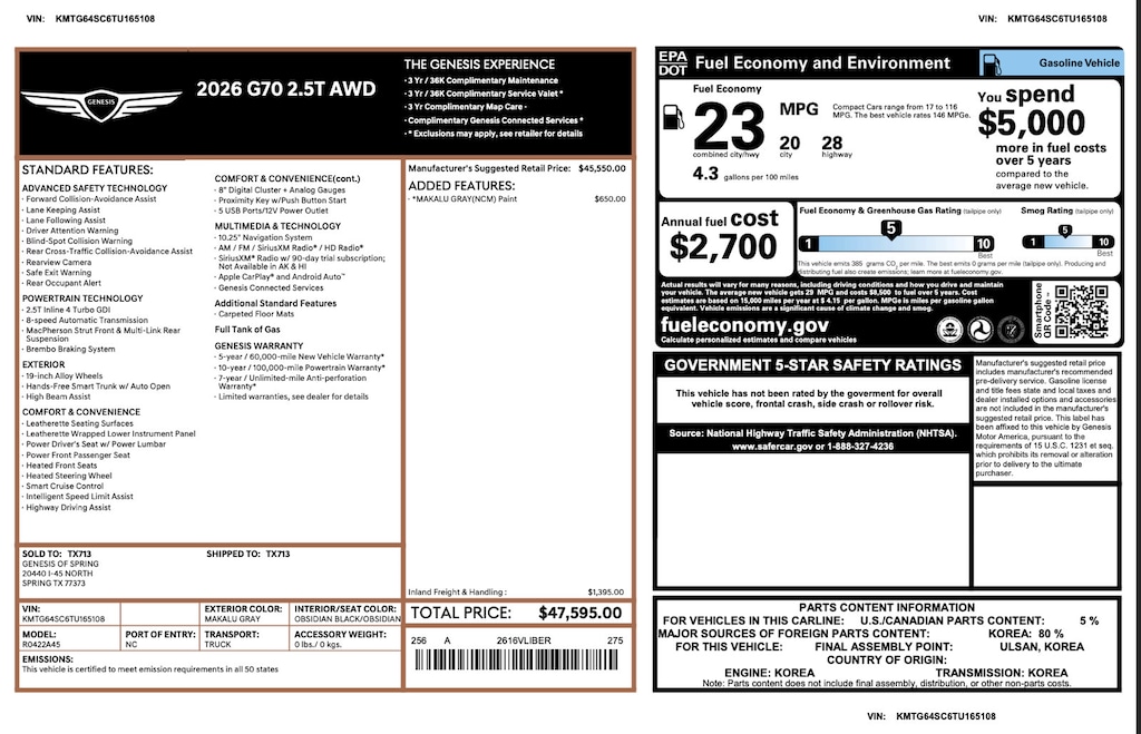 Certified 2026 Genesis G70 2.5T 2.5T AWD