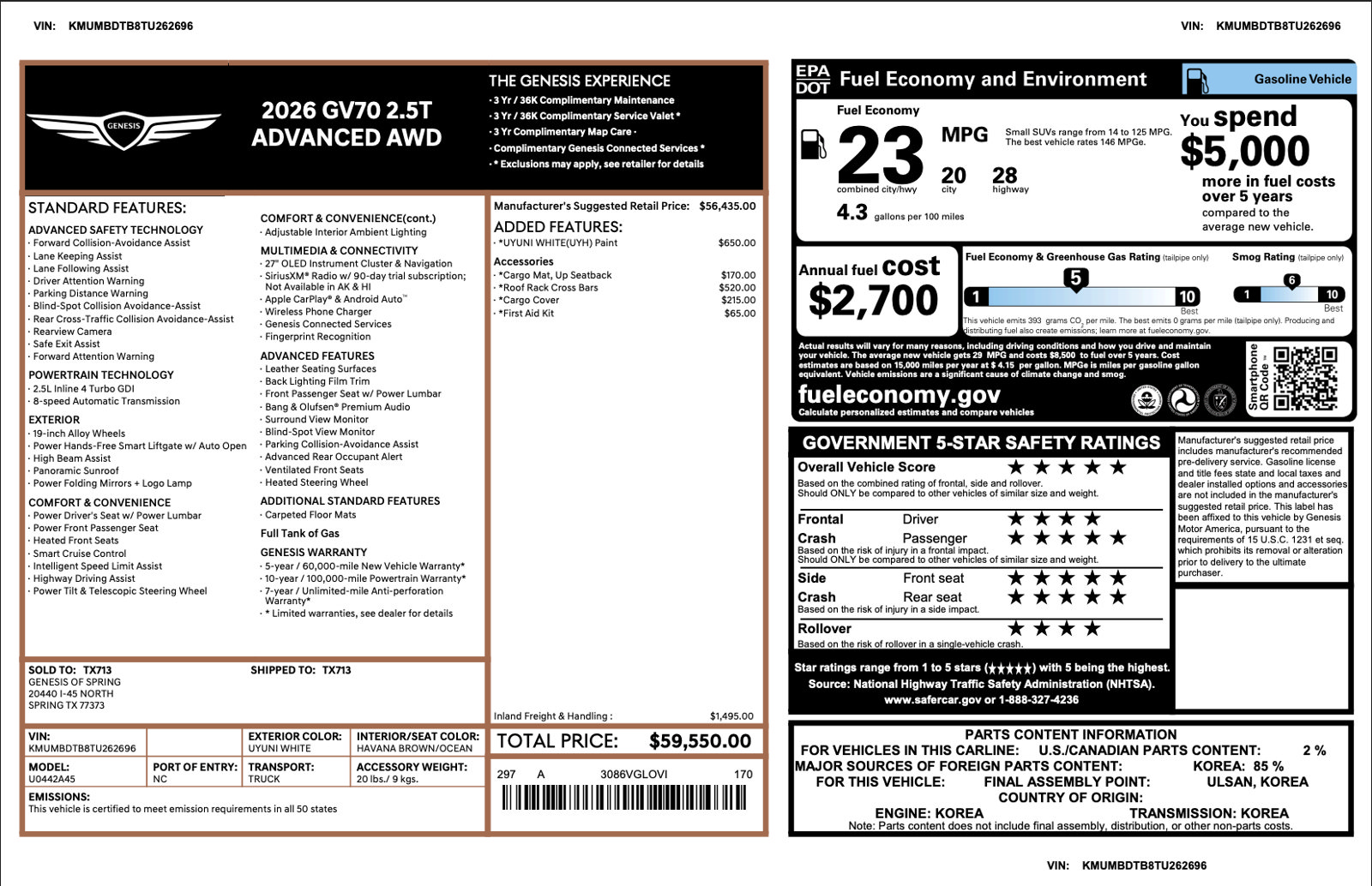 Certified 2026 Genesis GV70 2.5T Advanced 2.5T Advanced AWD