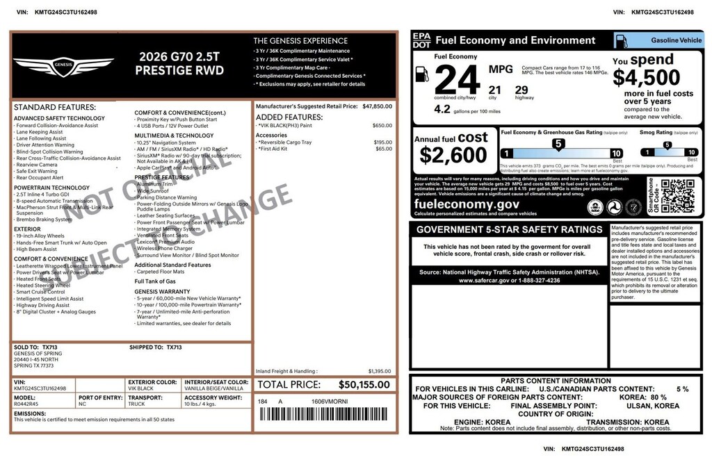 Certified 2026 Genesis G70 2.5T Prestige 2.5T Prestige RWD