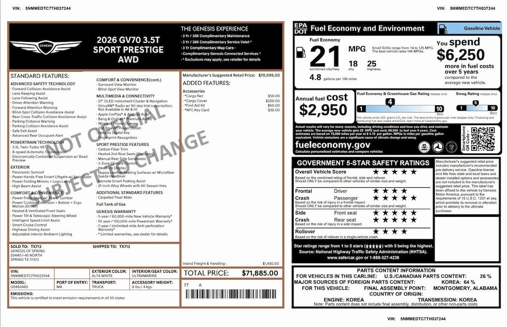 Certified 2026 Genesis GV70 3.5T Sport Prestige 3.5T Sport Prestige AWD