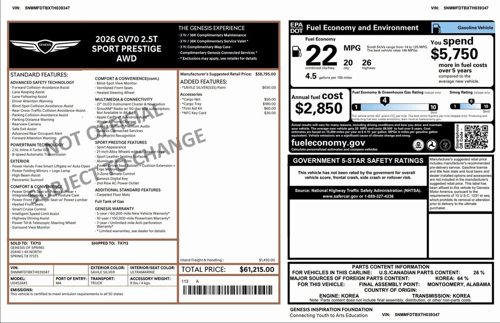 Certified 2026 Genesis GV70 2.5T Sport Prestige 2.5T Sport Prestige AWD