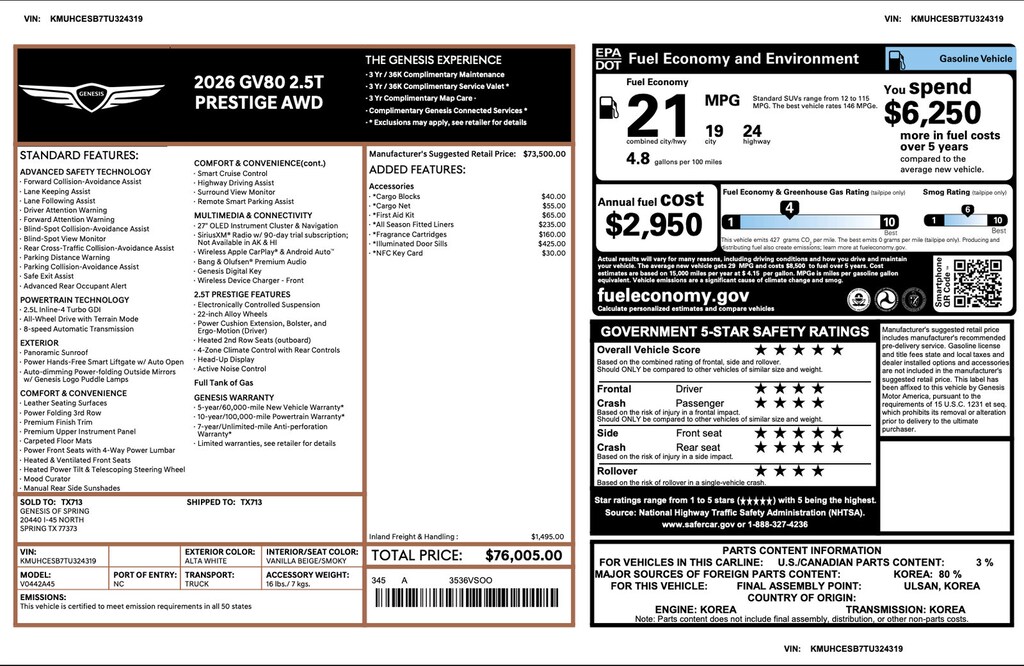 Certified 2026 Genesis GV80 2.5T Prestige 2.5T Prestige AWD