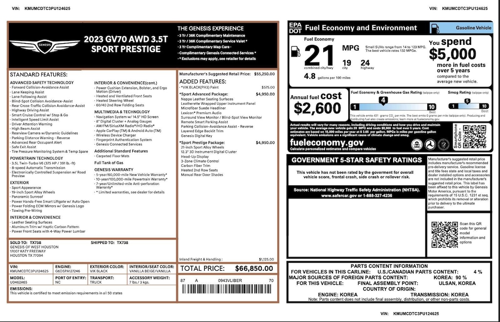 Certified 2023 Genesis GV70 3.5T Sport 3.5T Sport AWD