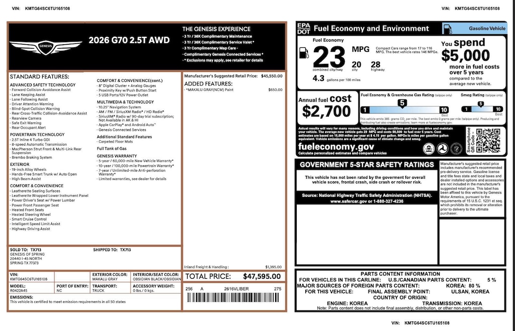 Certified 2026 Genesis G70 2.5T 2.5T AWD