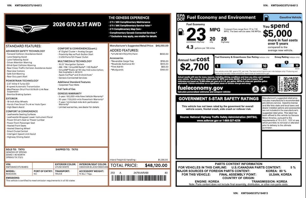 Certified 2026 Genesis G70 2.5T 2.5T AWD