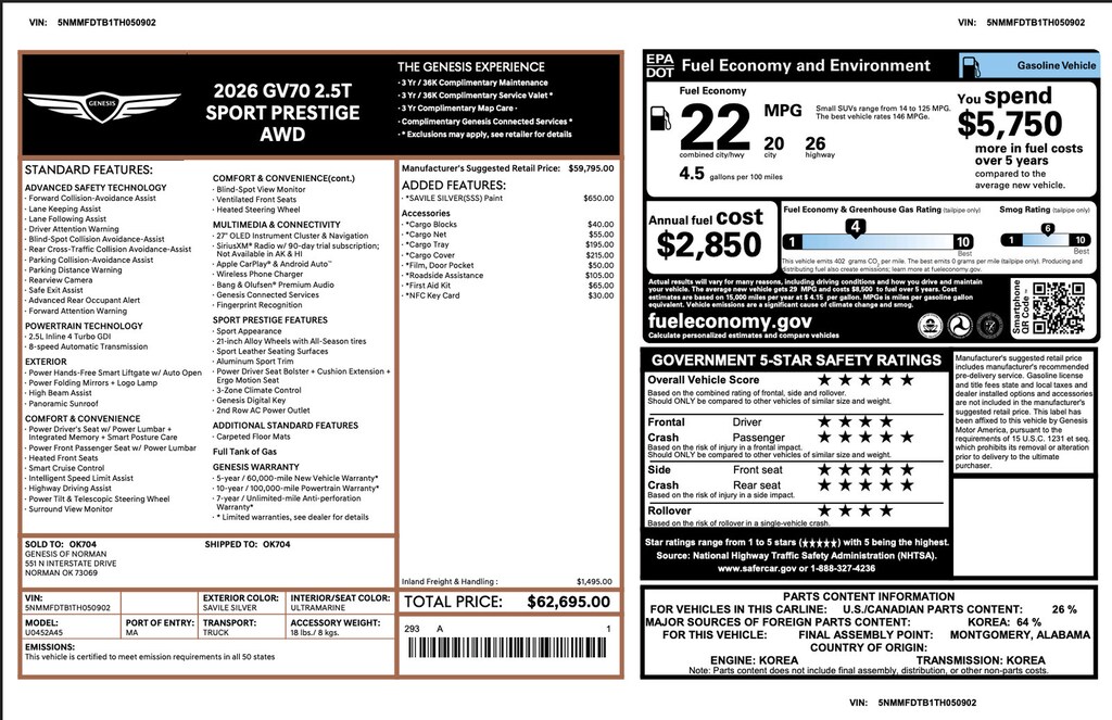 Certified 2026 Genesis GV70 2.5T Sport Prestige 2.5T Sport Prestige AWD