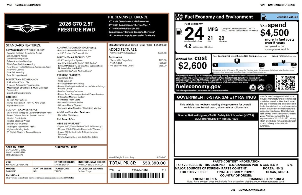 Certified 2026 Genesis G70 2.5T Prestige 2.5T Prestige RWD