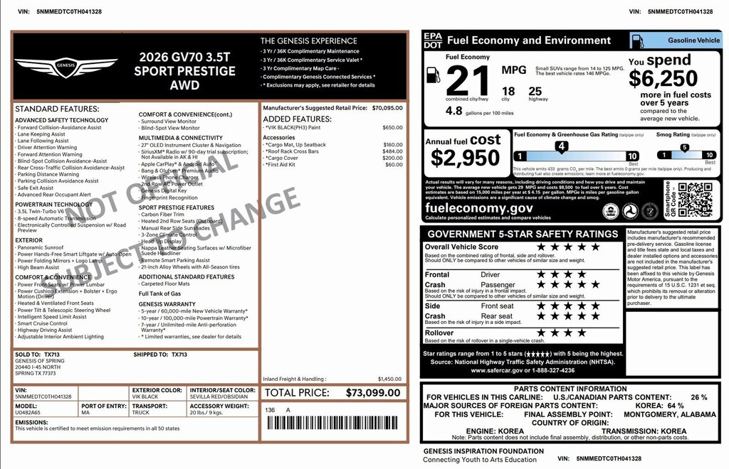 Certified 2026 Genesis GV70 3.5T Sport Prestige 3.5T Sport Prestige AWD