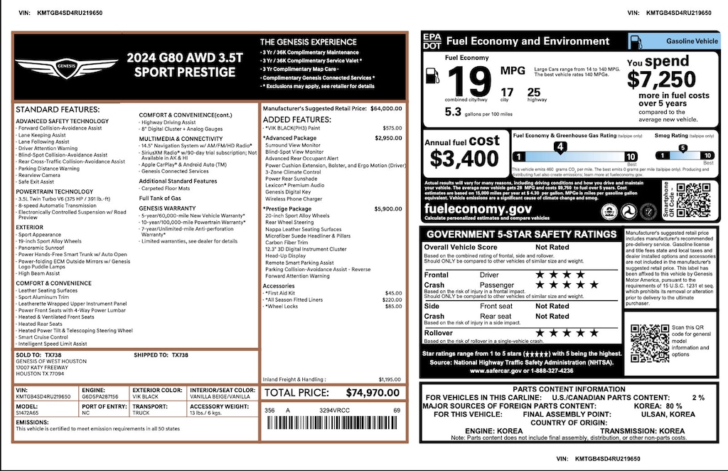 Certified 2024 Genesis G80 3.5T Sport 3.5T Sport AWD