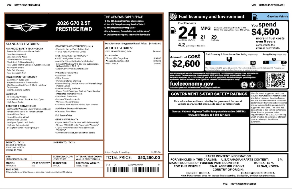 Certified 2026 Genesis G70 2.5T Prestige 2.5T Prestige RWD
