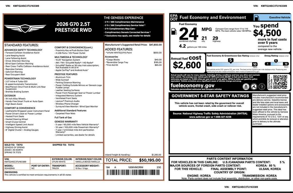 Certified 2026 Genesis G70 2.5T Prestige 2.5T Prestige RWD