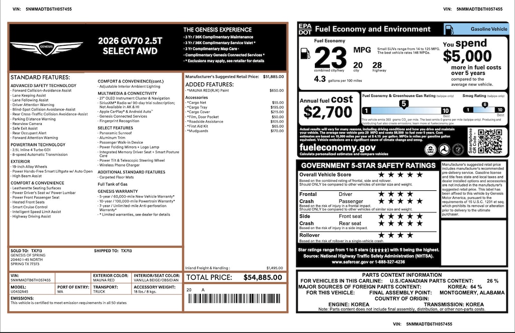 Certified 2026 Genesis GV70 2.5T Select 2.5T Select AWD