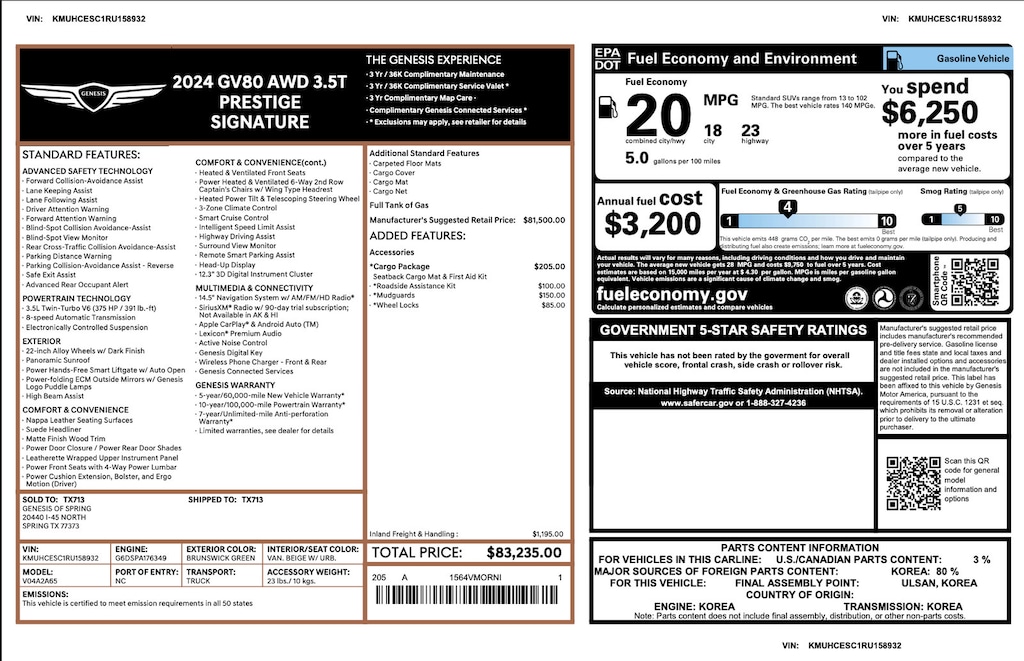 Certified 2024 Genesis GV80 Prestige Signature 3.5T Prestige Signature AWD