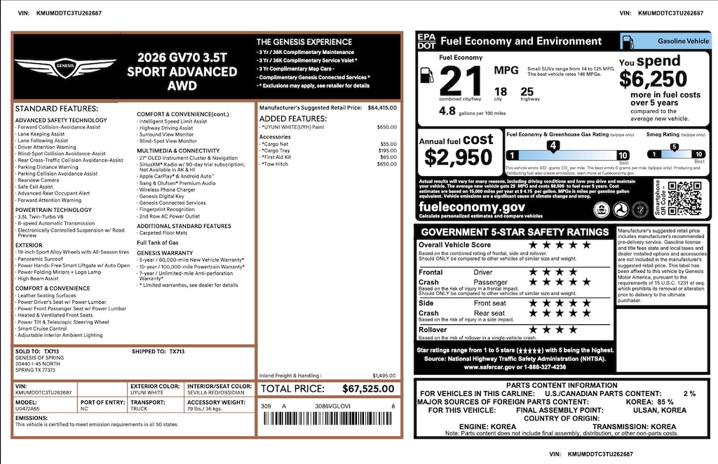 Certified 2026 Genesis GV70 3.5T Sport Advanced 3.5T Sport Advanced AWD