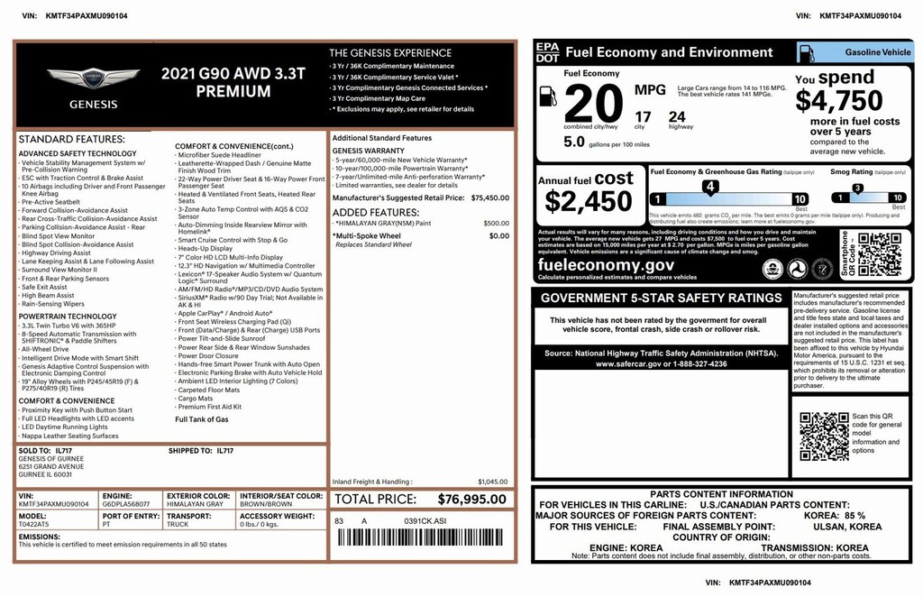 Certified 2021 Genesis G90 3.3T Premium 3.3T Premium AWD