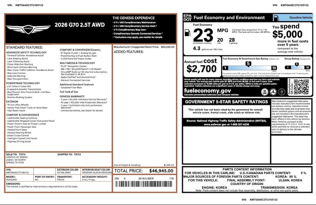 Certified 2026 Genesis G70 2.5T 2.5T AWD