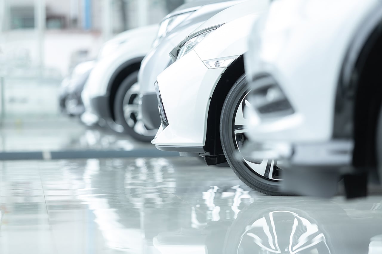 Row of pre-owned cars in Santa Monica, CA