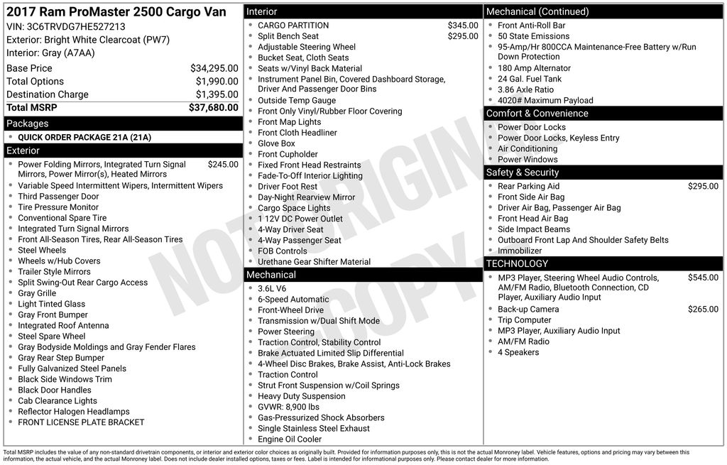 2017 RAM ProMaster Cargo Van