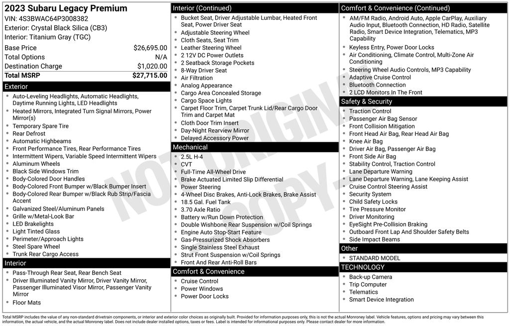 Certified 2023 Subaru Legacy Premium with VIN 4S3BWAC64P3008382 for sale in Plainville, CT