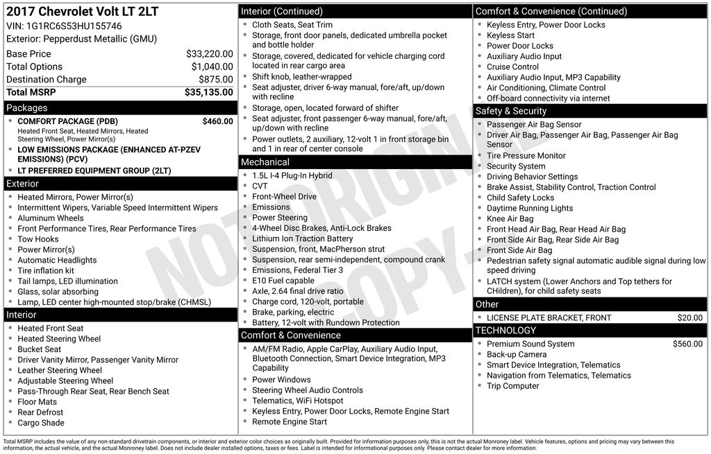 Certified 2017 Chevrolet Volt LT with VIN 1G1RC6S53HU155746 for sale in Plainville, CT