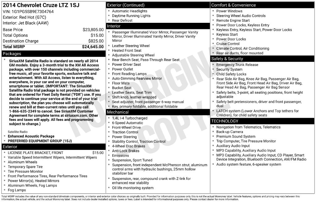 Used 2014 Chevrolet Cruze LTZ with VIN 1G1PG5SB9E7304764 for sale in Plainville, CT