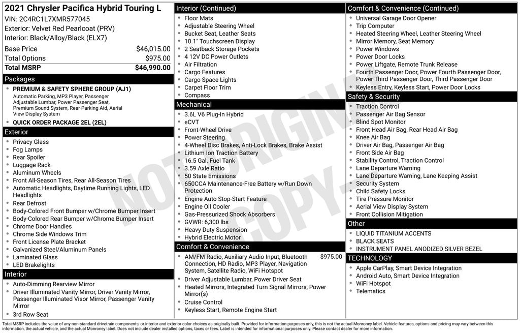 Used 2021 Chrysler Pacifica Hybrid Touring L Van Passenger Van