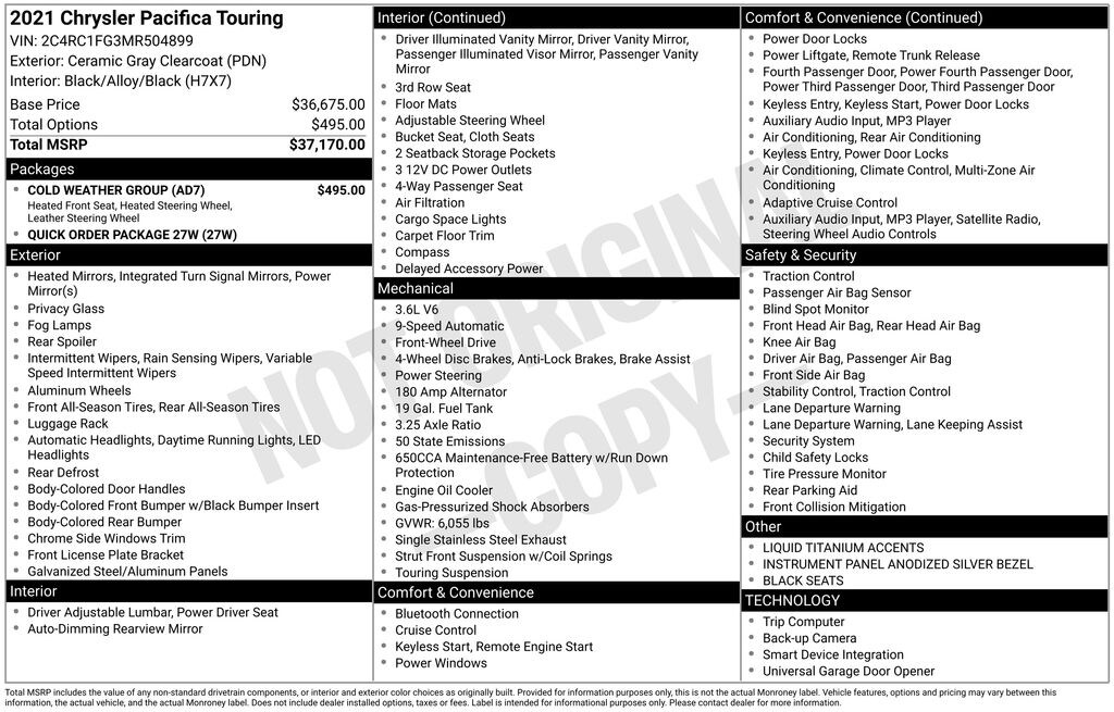 Used 2021 Chrysler Pacifica Touring Van Passenger Van