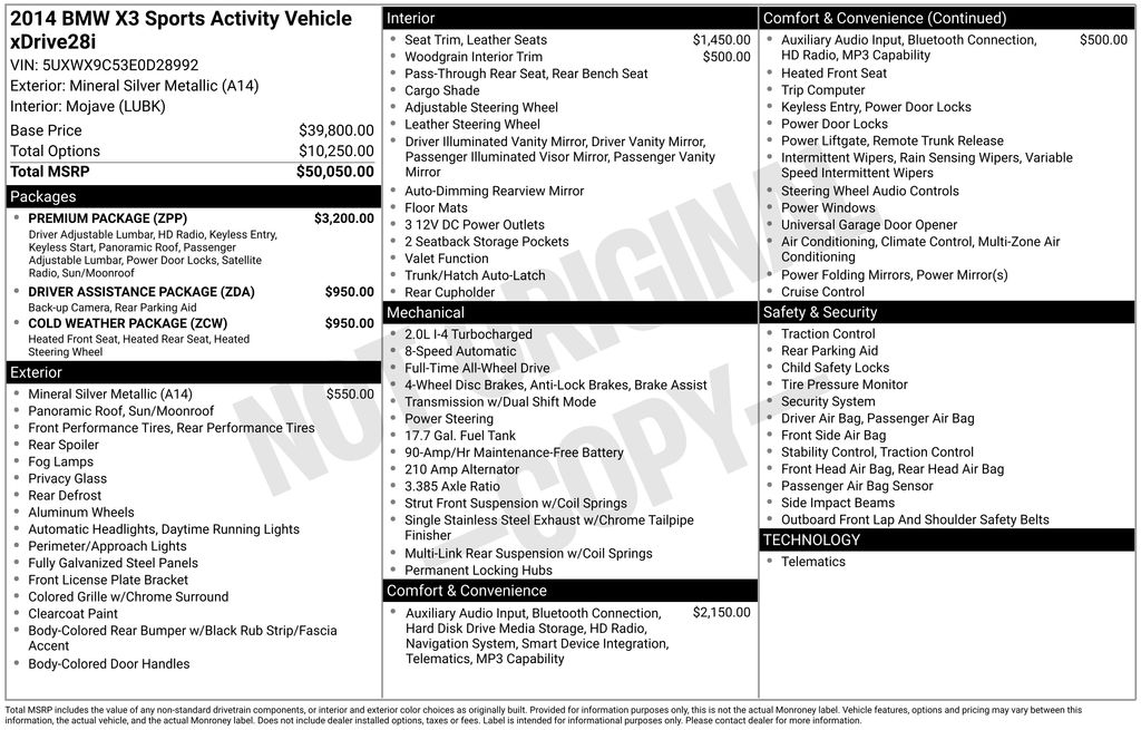 Used 2014 BMW X3 xDrive28i with VIN 5UXWX9C53E0D28992 for sale in Naples, FL