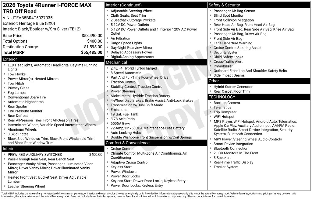 Certified 2026 Toyota 4Runner i-FORCE MAX TRD Off Road SUV
