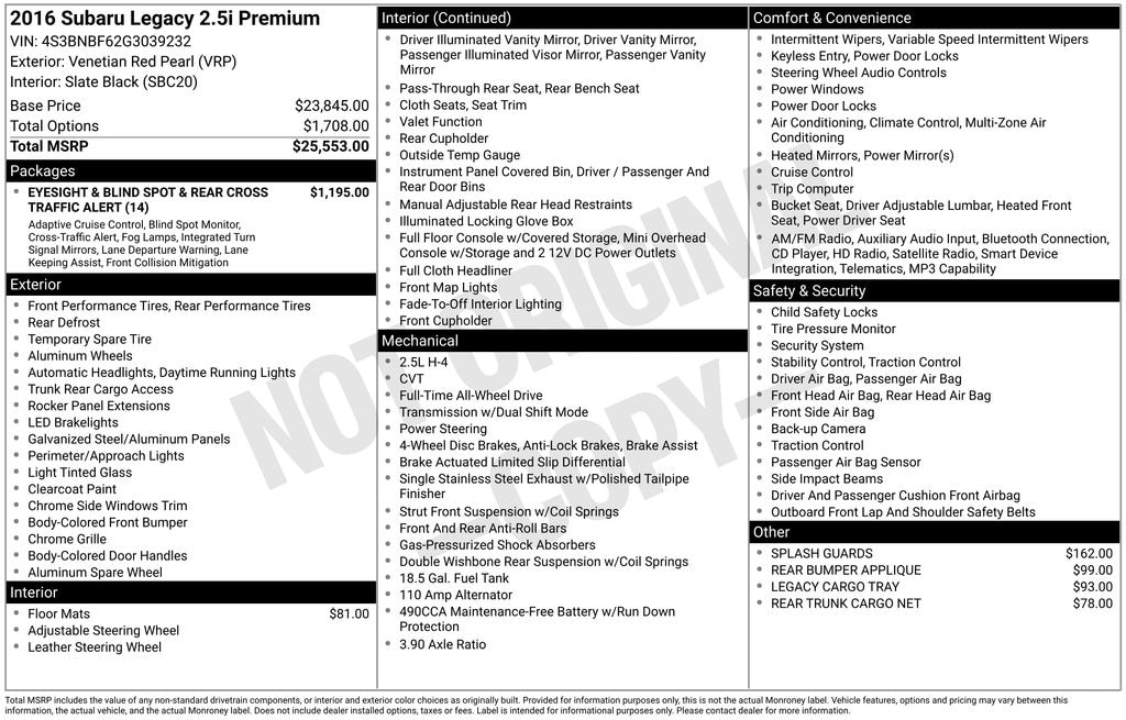 Used 2016 Subaru Legacy 2.5i Premium Sedan